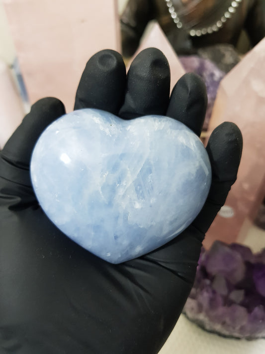 Blue calcite crystal heart polished sky blue 225g