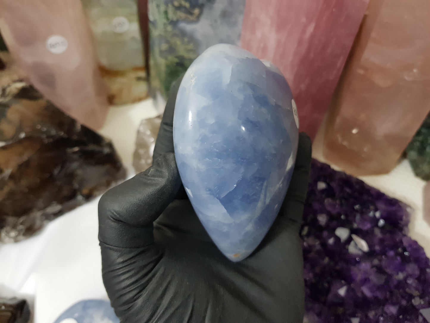 Blue calcite crystal heart polished ocean blue 506g