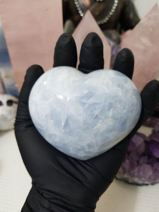 Blue calcite crystal heart polished sky blue 417g