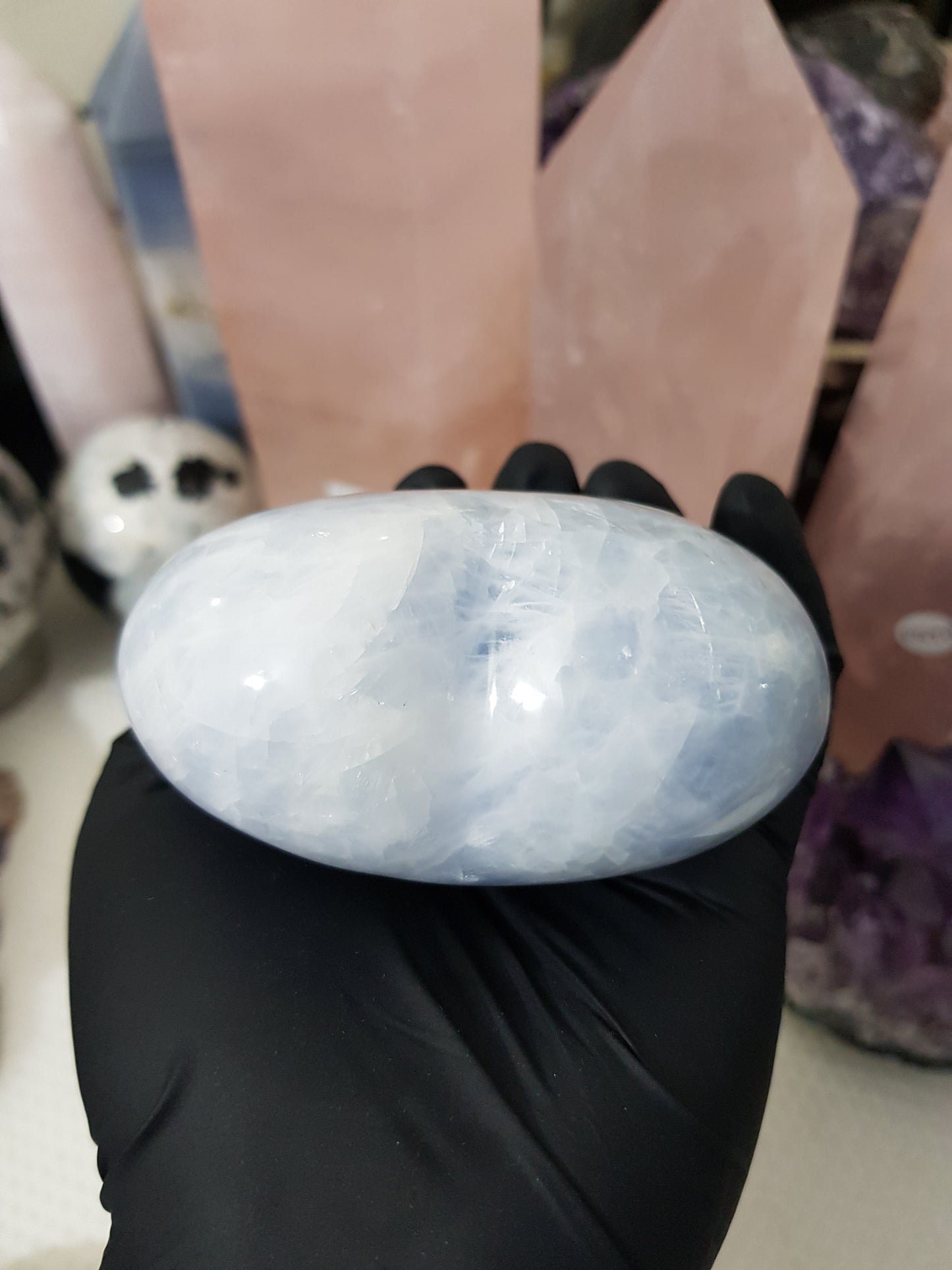 Blue calcite crystal heart polished sky blue 417g