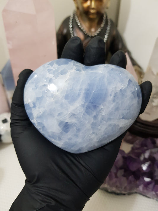 Blue calcite crystal heart polished sky blue 439g