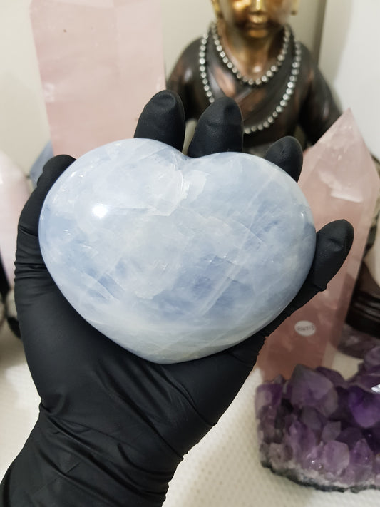 Blue calcite crystal heart polished sky blue 476g