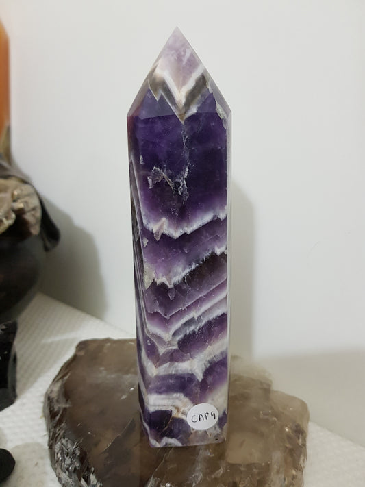 Chevron amethyst crystal point tower polished Brazil deep purple chevron banding 17cm