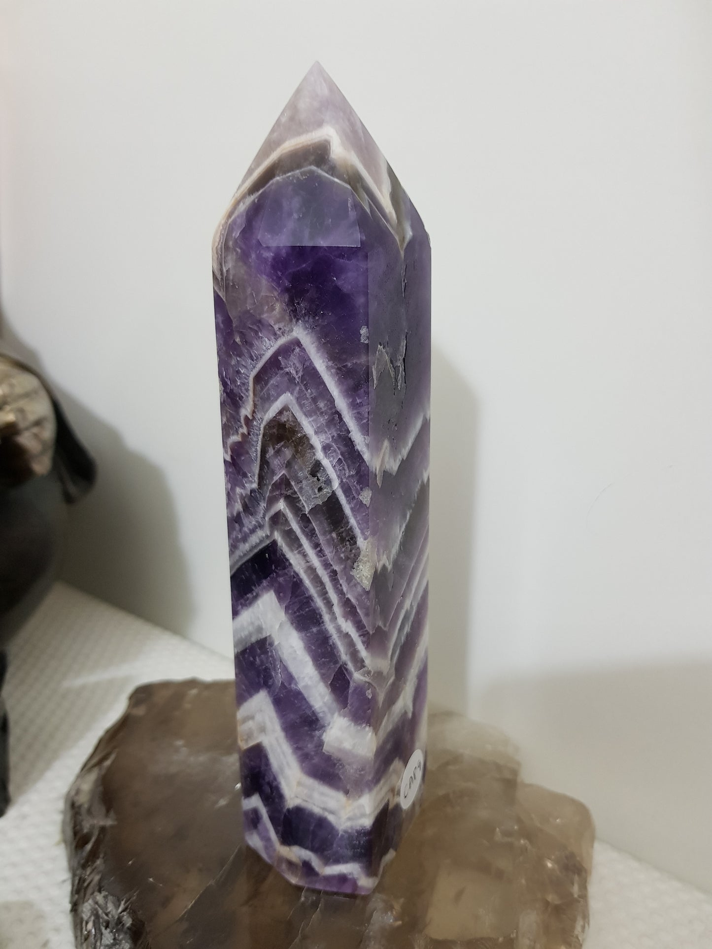 Chevron amethyst crystal point tower polished Brazil deep purple chevron banding 17cm