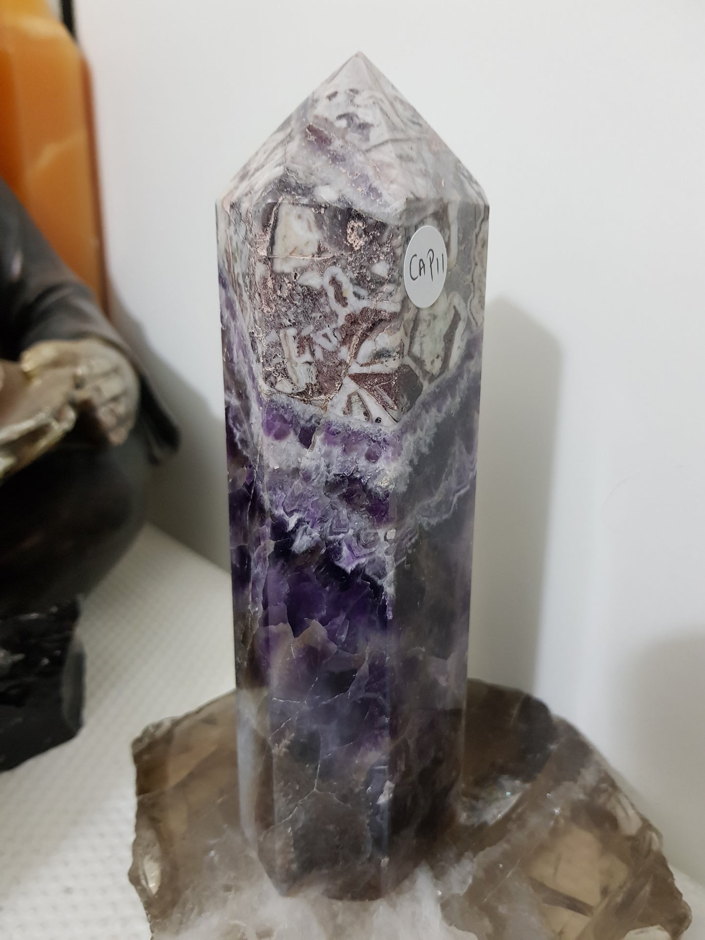 Chevron amethyst crystal point tower polished Brazil deep purple chevron banding 18cm