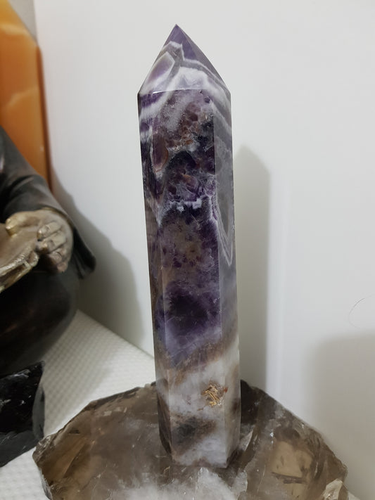 Chevron amethyst crystal point tower polished Brazil deep purple chevron banding 19.5cm