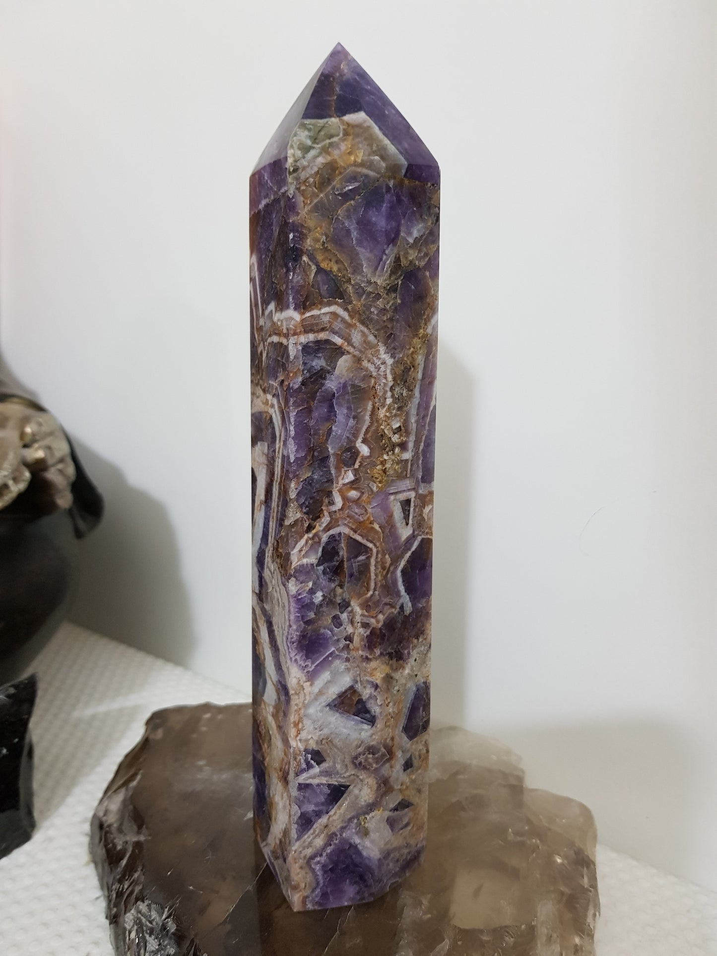 Chevron amethyst crystal point tower polished Brazil deep purple chevron banding 19cm