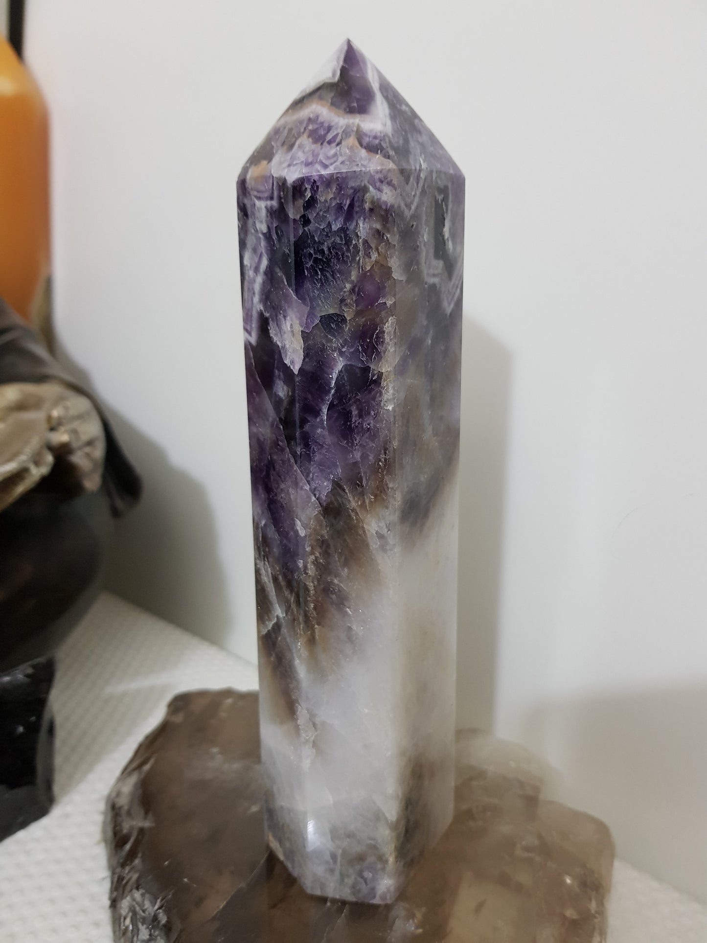Chevron amethyst crystal point tower polished Brazil deep purple chevron banding 19cm