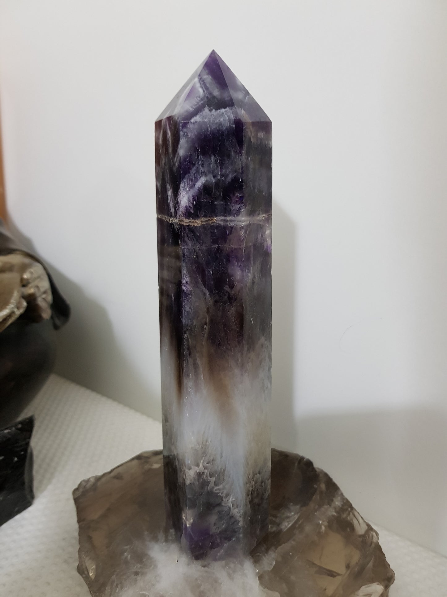 Chevron amethyst crystal point tower polished Brazil deep purple chevron banding 20.5cm