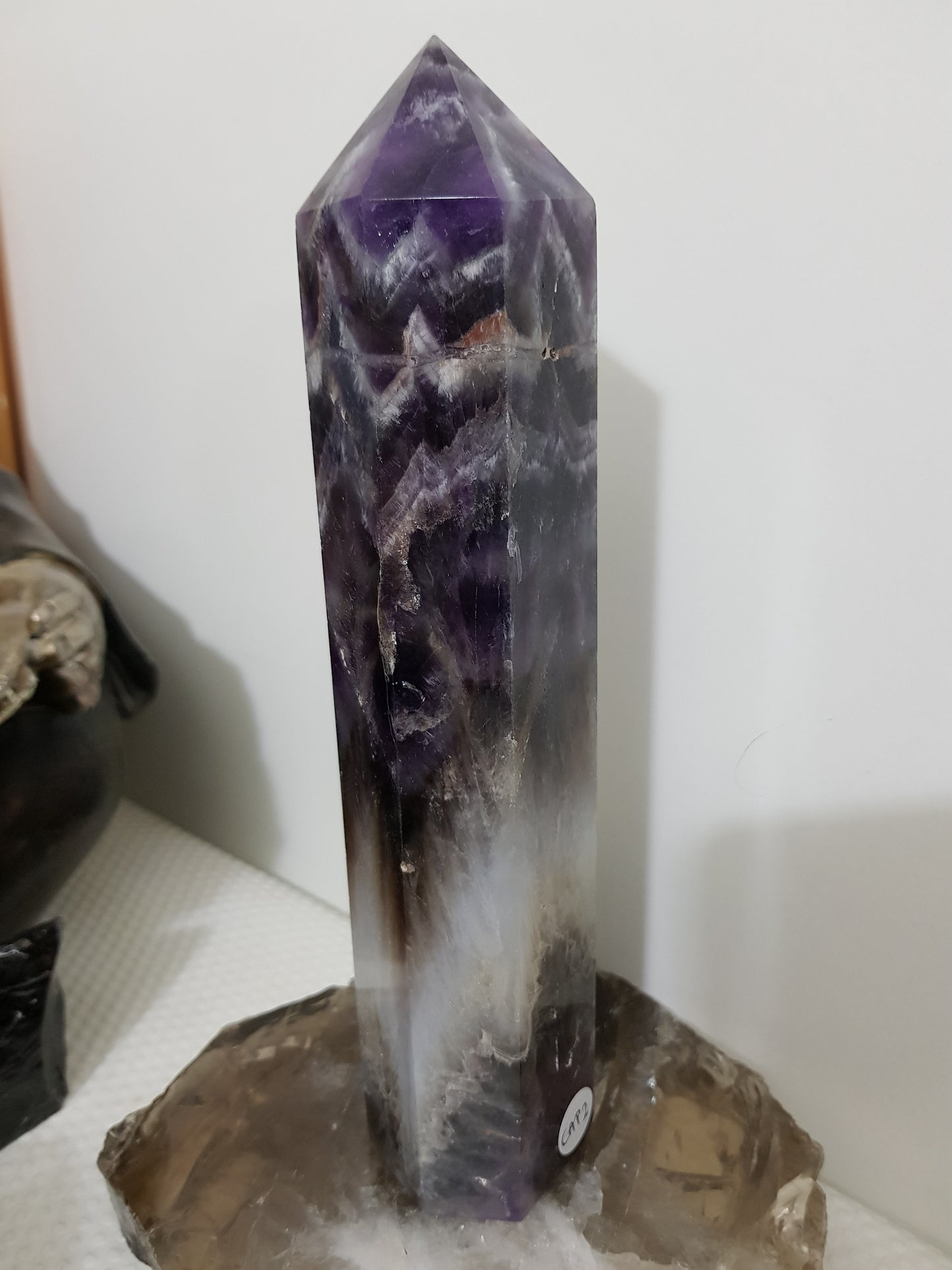 Chevron amethyst crystal point tower polished Brazil deep purple chevron banding 21.5cm