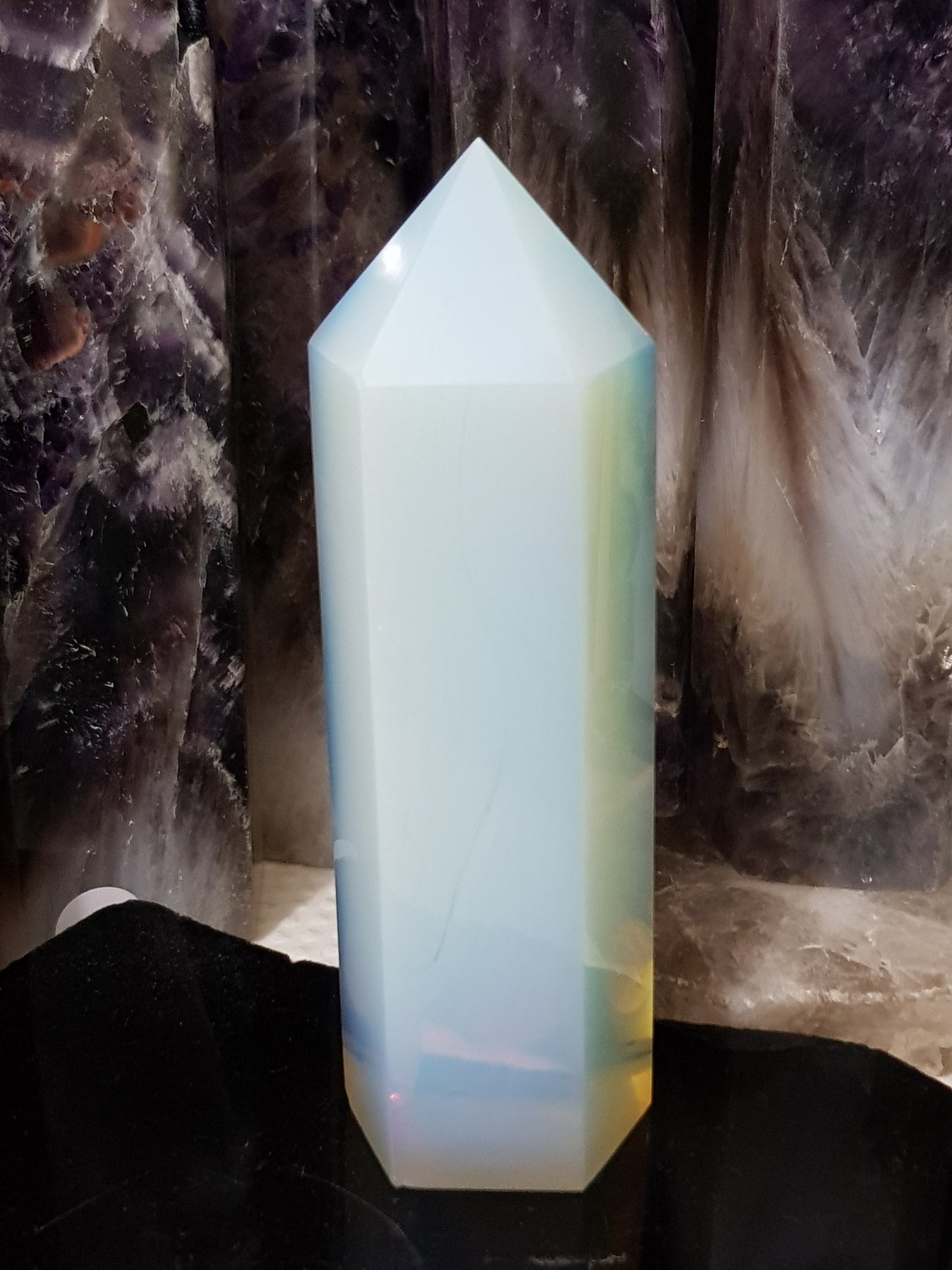 Opalite crystal point tower polished milky blue glow 12.5cm