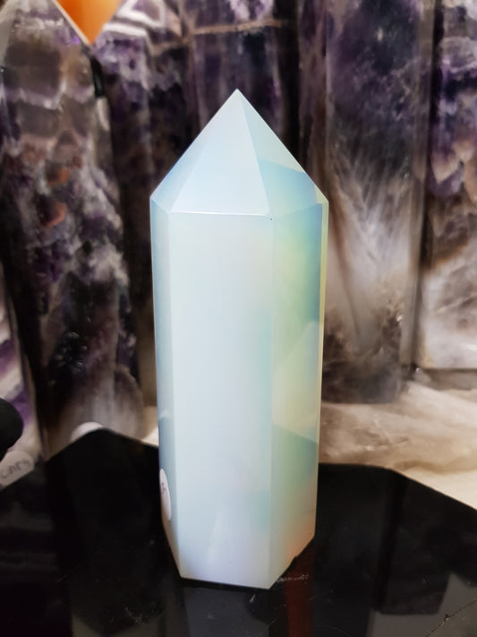 Opalite crystal point tower polished milky blue glow 13cm