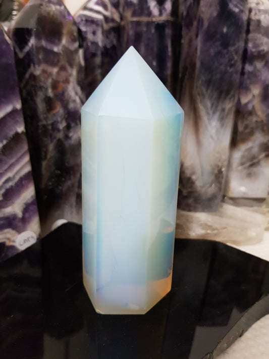 Opalite crystal point tower polished milky blue glow 12.5cm