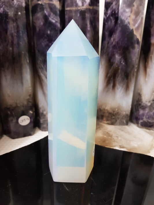 Opalite crystal point tower polished milky blue glow 12.5cm