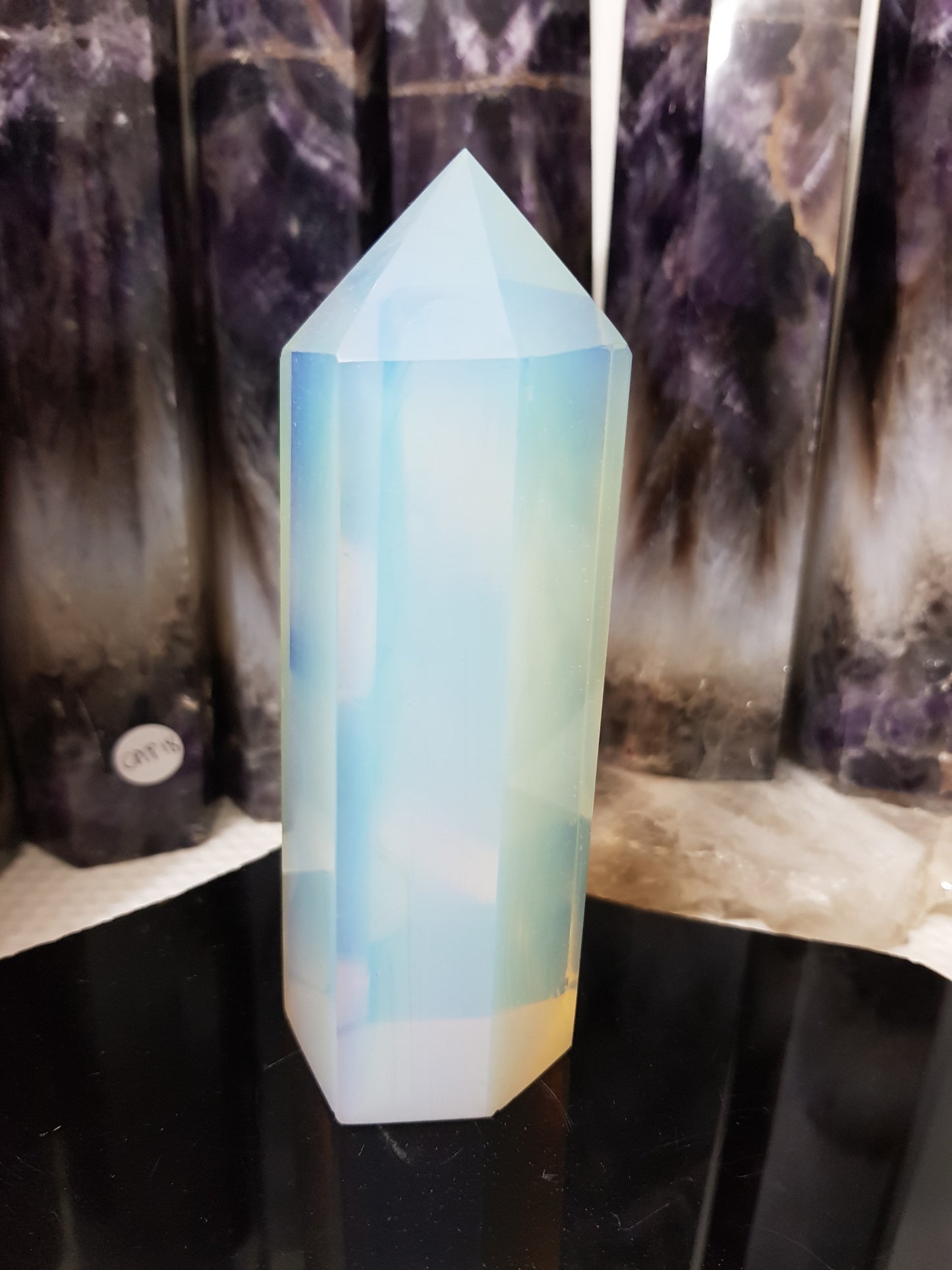 Opalite crystal point tower polished milky blue glow 12.5cm
