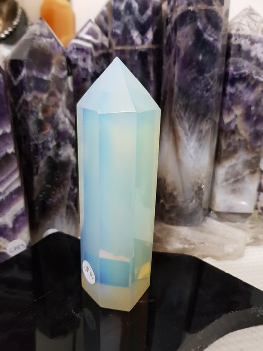Opalite crystal point tower polished milky blue glow 13.5cm
