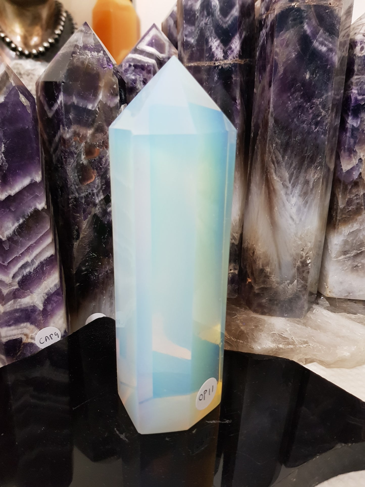 Opalite crystal point tower polished milky blue glow 14cm