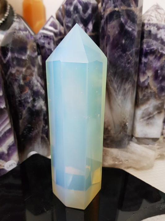 Opalite crystal point tower polished milky blue glow 15.5cm