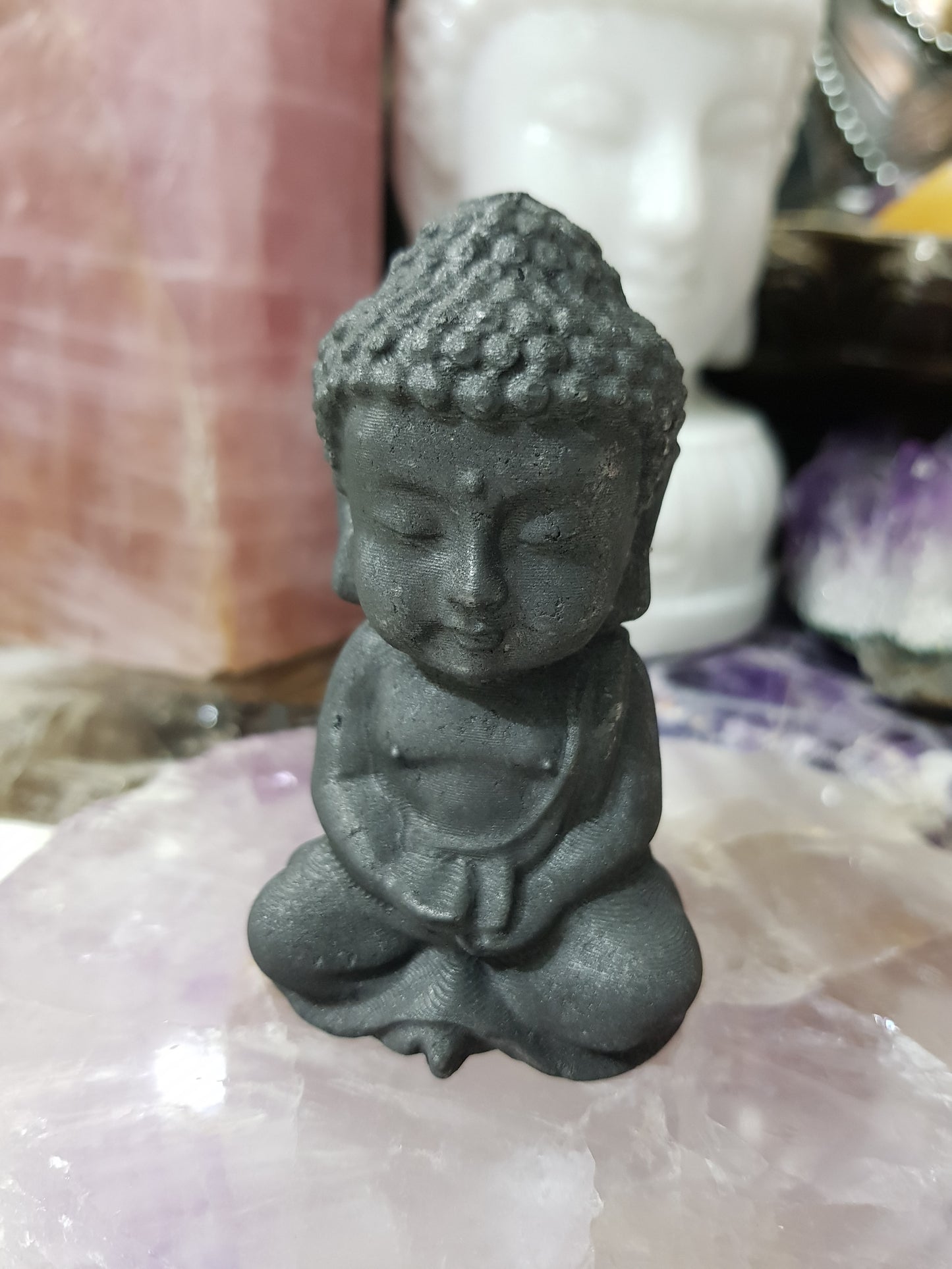 Polished Shungite crystal buddha carving matte black 8cm