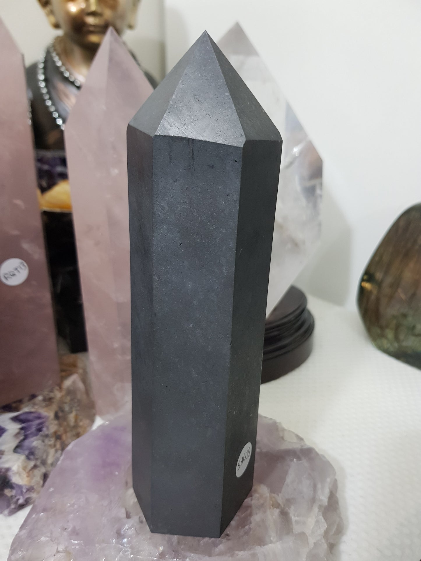 Shungite crystal point tower polished matte black standing point 18.5cm