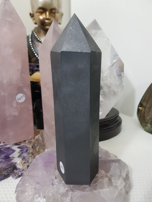 Shungite crystal point tower polished matte black standing point 18.5cm