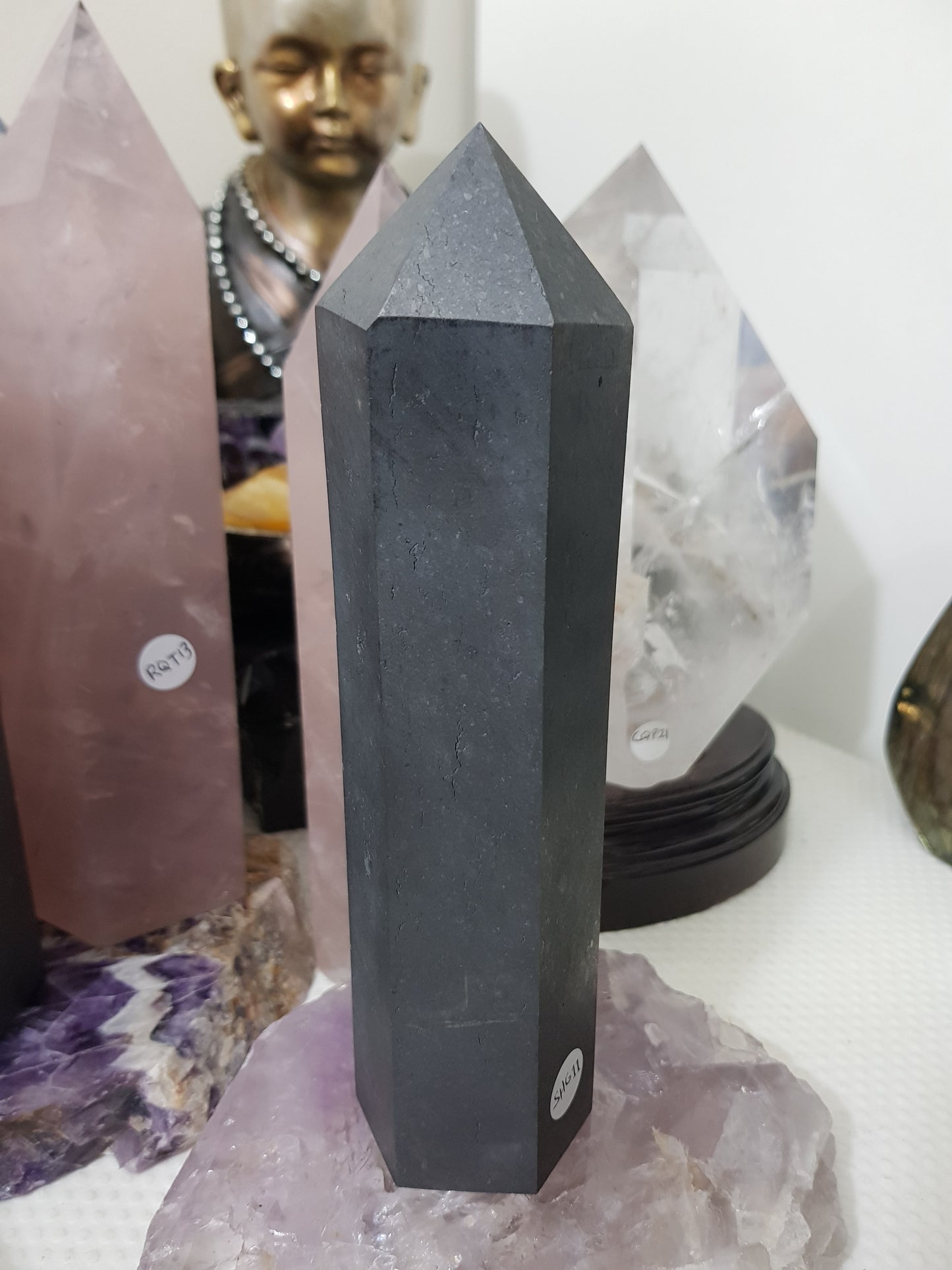 Shungite crystal point tower polished matte black standing point 19.5cm
