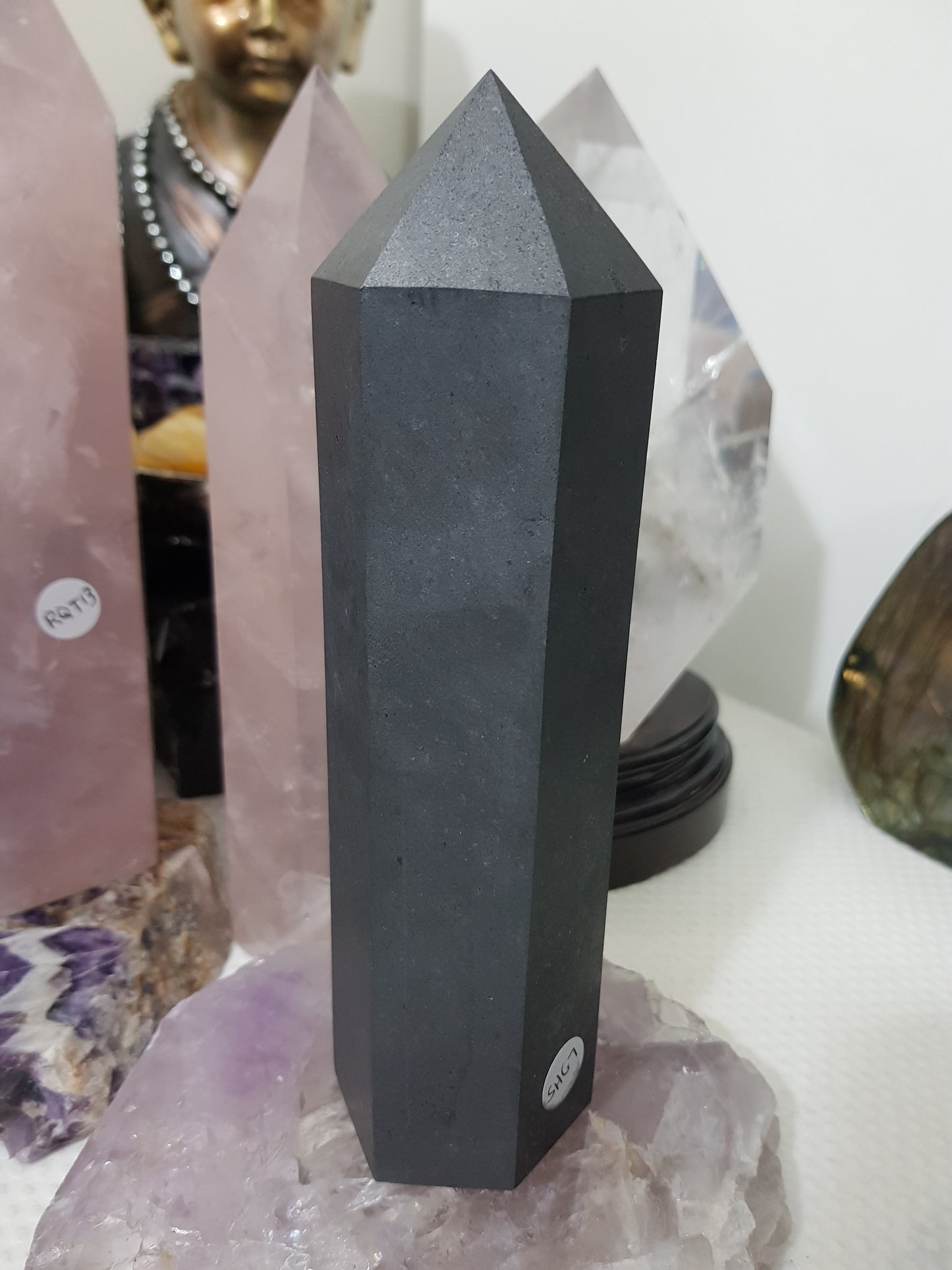 Shungite crystal point tower polished matte black standing point 19cm