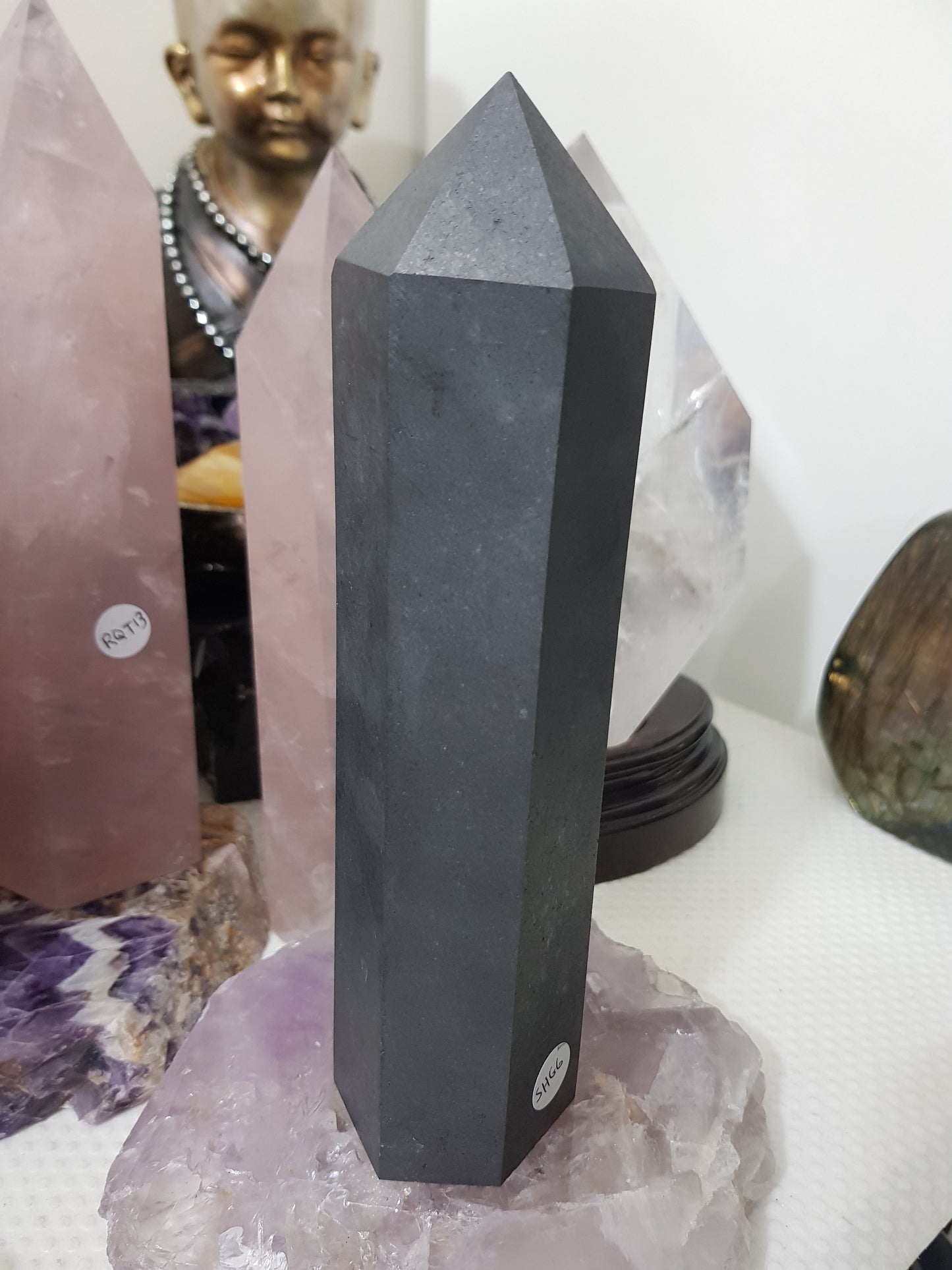 Shungite crystal point tower polished matte black standing point 20cm