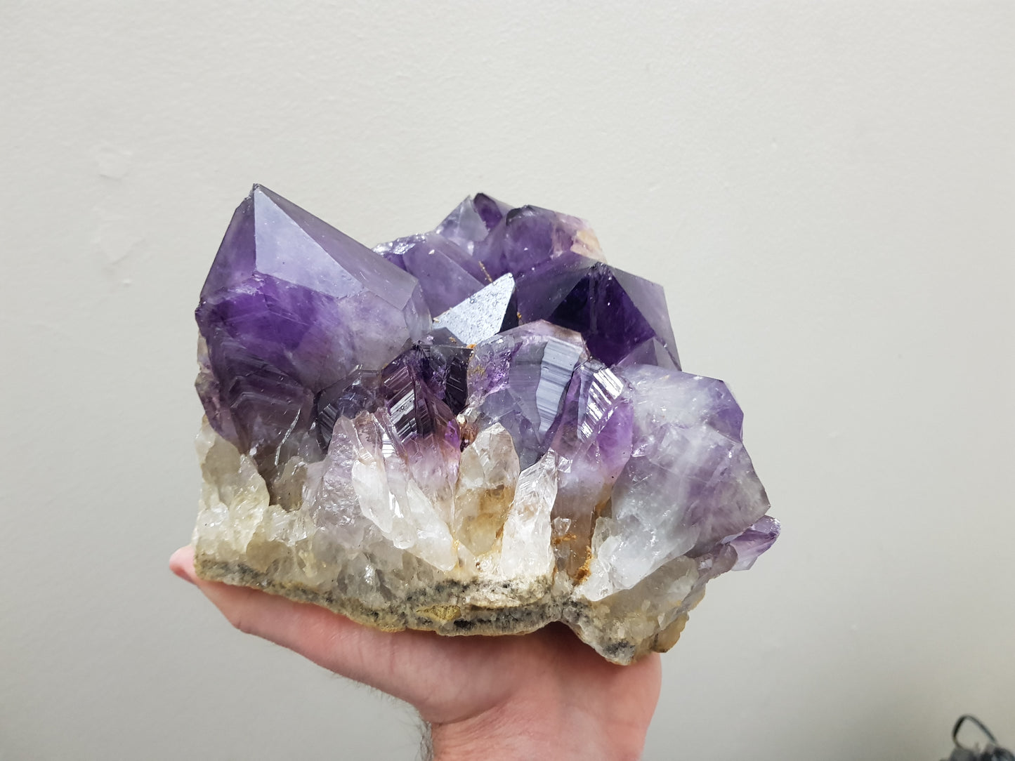 A hand holding an extra large natural amethyst crystal cluster that is approximately 17 centimetres by 16 centimetres in size