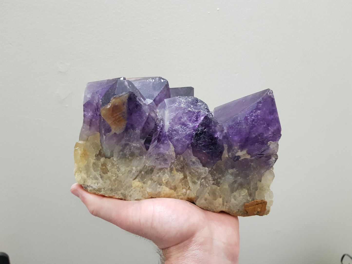 A hand holding an extra large natural amethyst crystal cluster that is approximately 17 centimetres by 16 centimetres in size