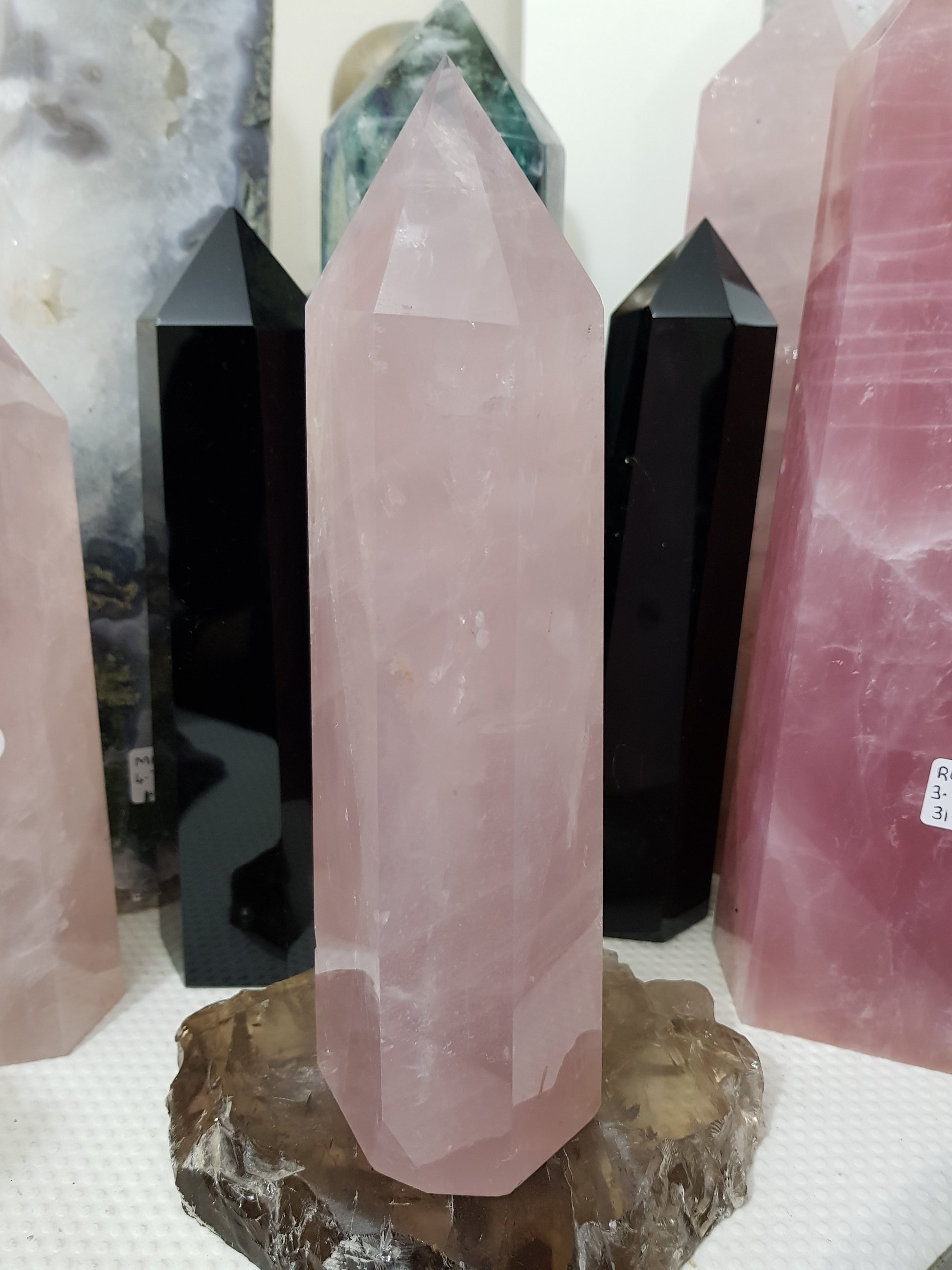 Rose Quartz crystal point tower polished standing specimen from Brazil 22.5cm