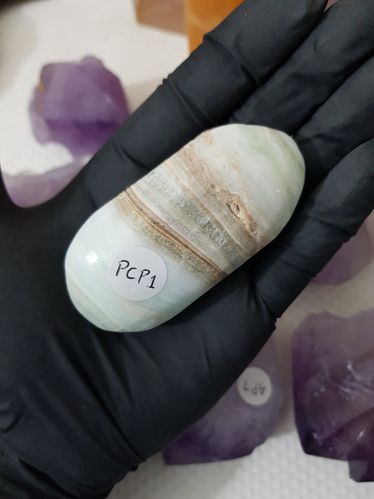 Pistachio Calcite Crystal Palmstone – PCP1