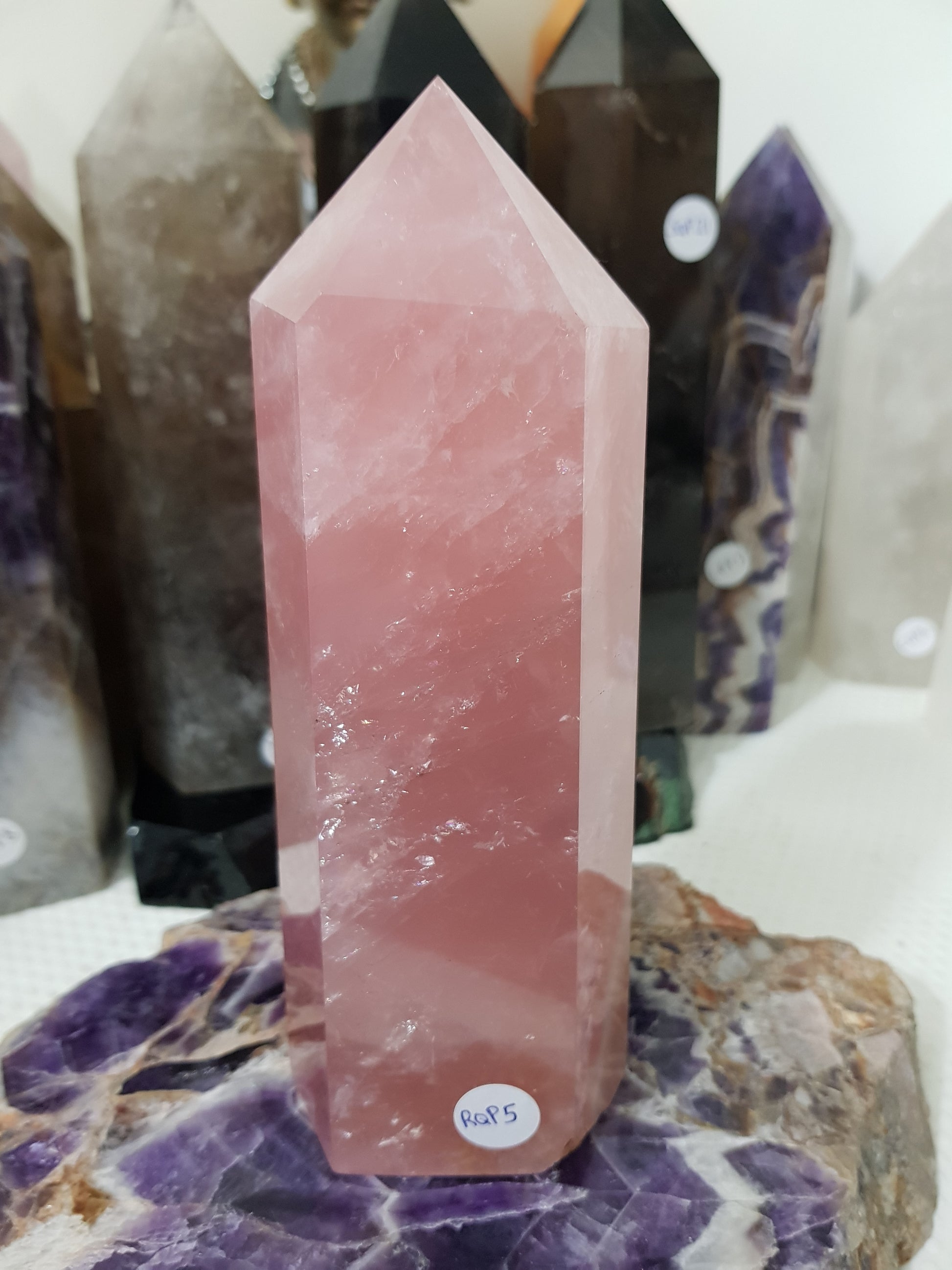 Rose Quartz crystal point tower polished standing specimen from Brazil 16.5cm