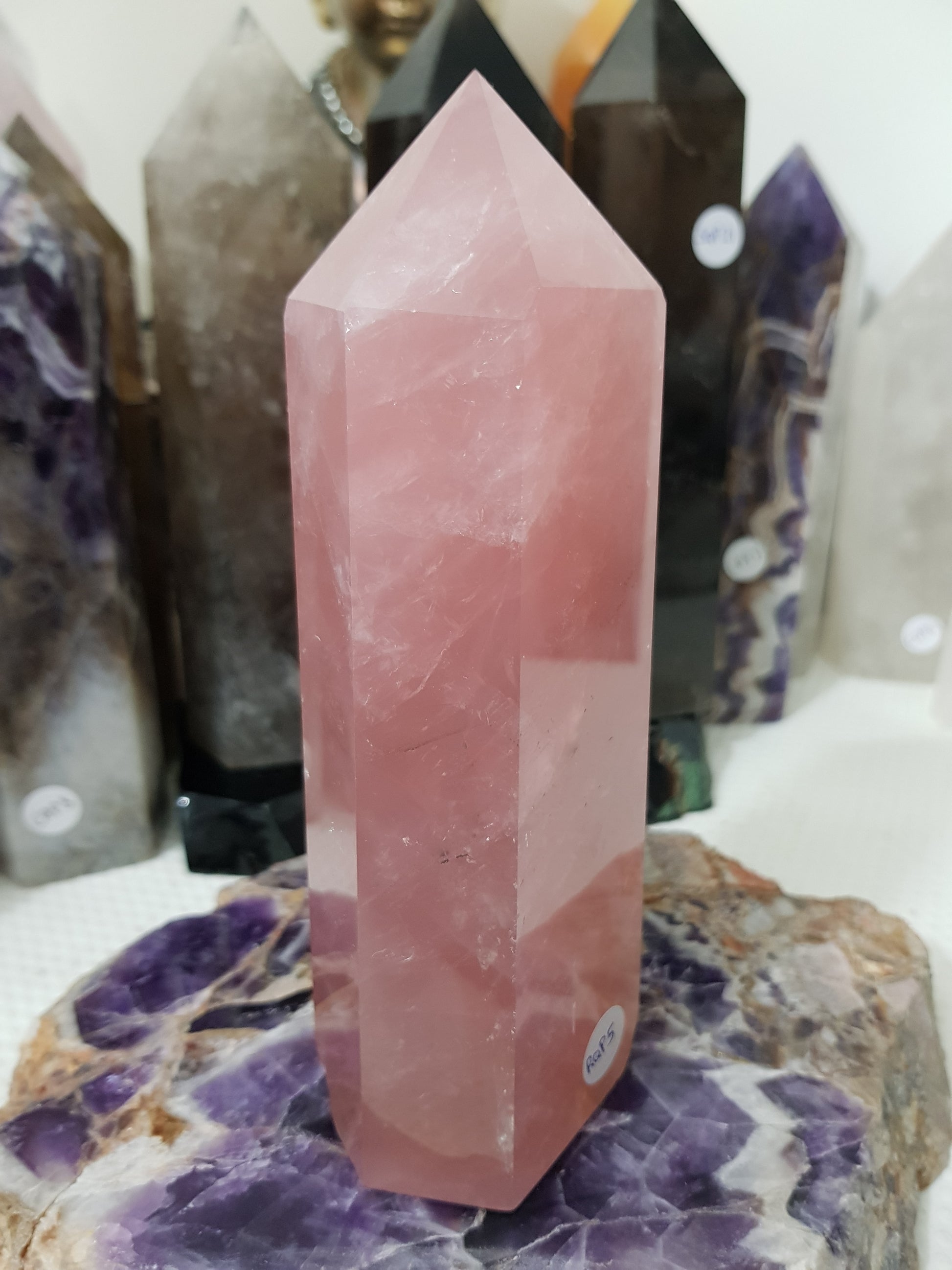 Rose Quartz crystal point tower polished standing specimen from Brazil 16.5cm