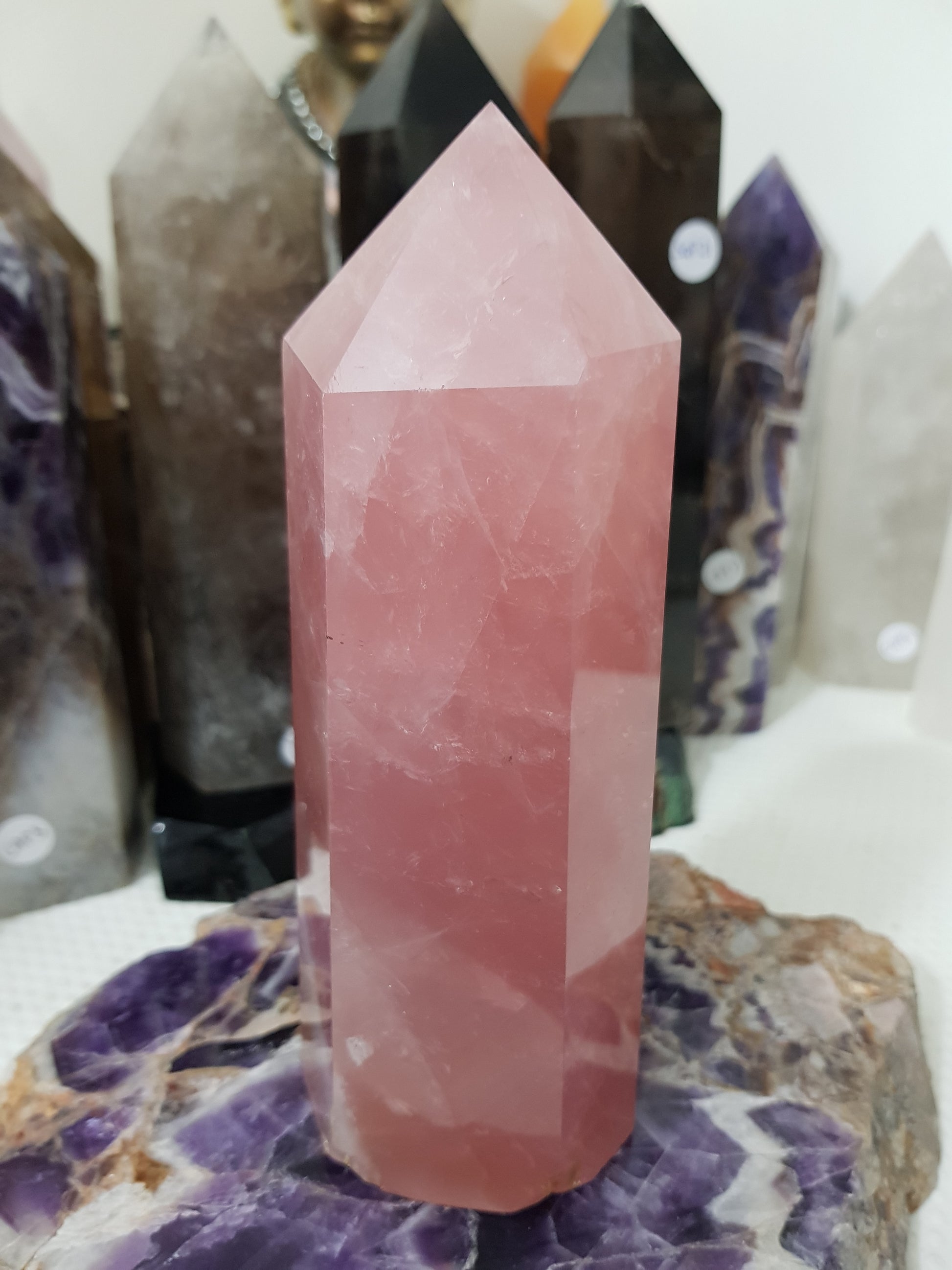 Rose Quartz crystal point tower polished standing specimen from Brazil 16.5cm
