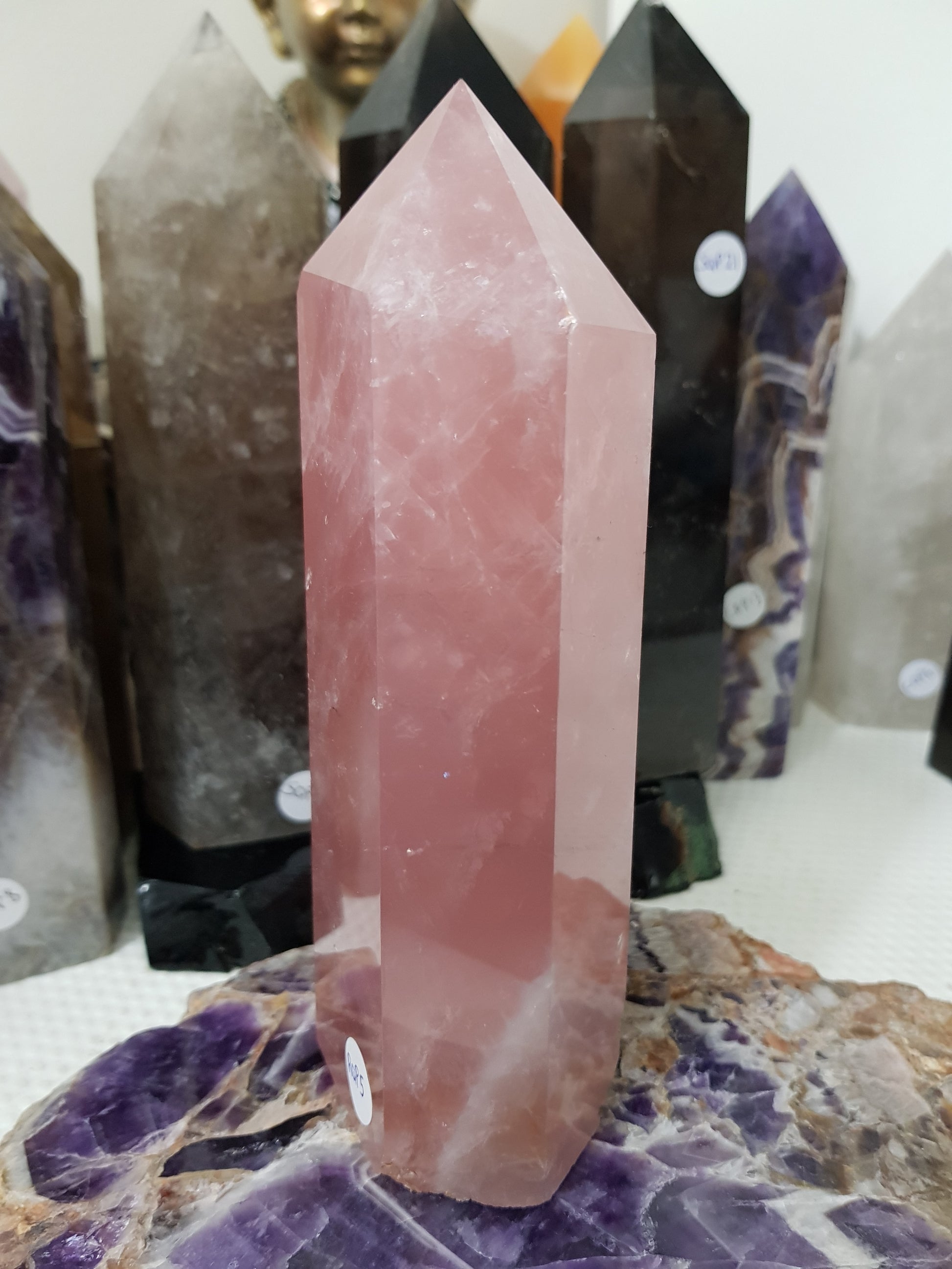 Rose Quartz crystal point tower polished standing specimen from Brazil 16.5cm