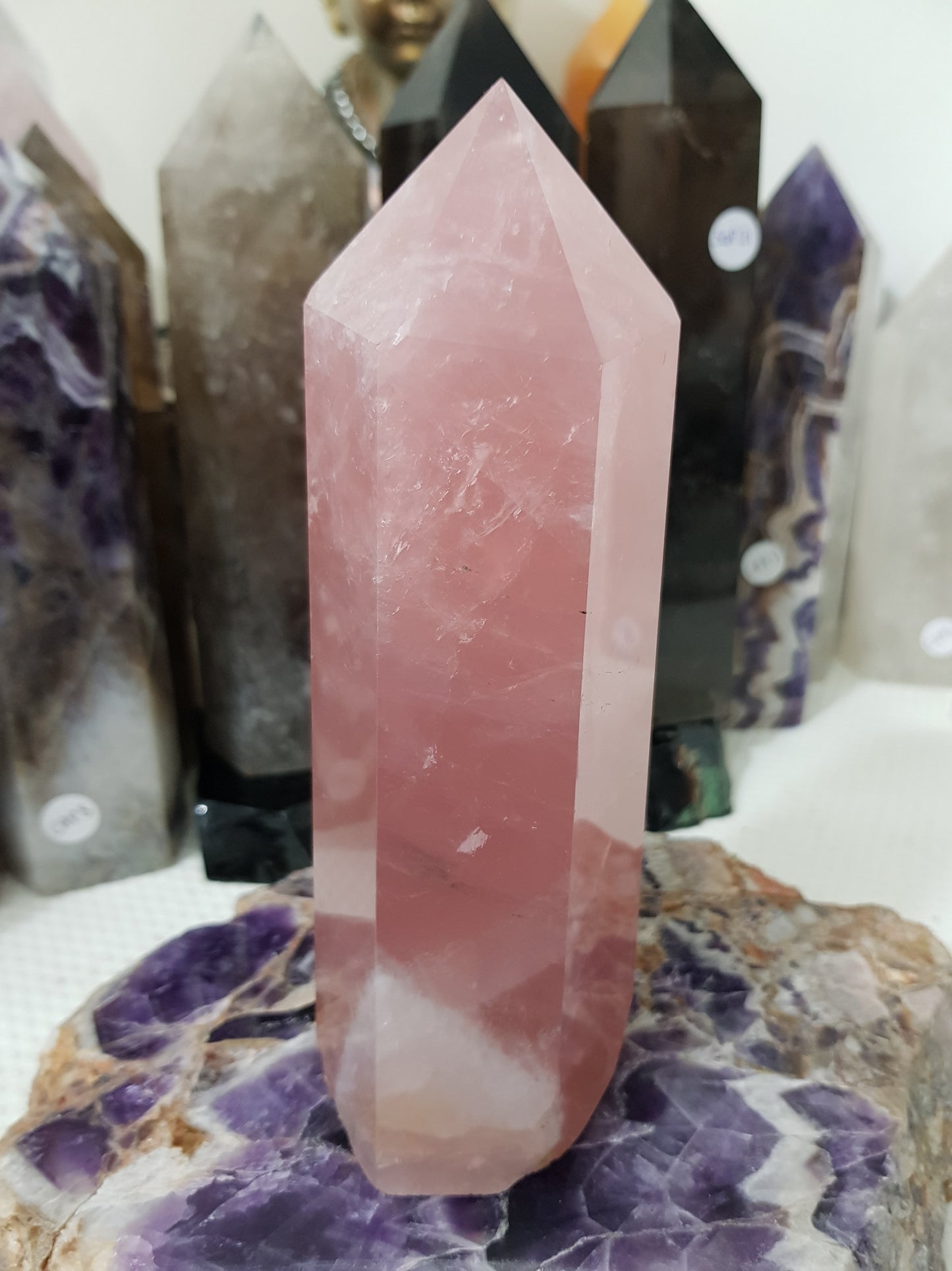 Rose Quartz crystal point tower polished standing specimen from Brazil 16.5cm