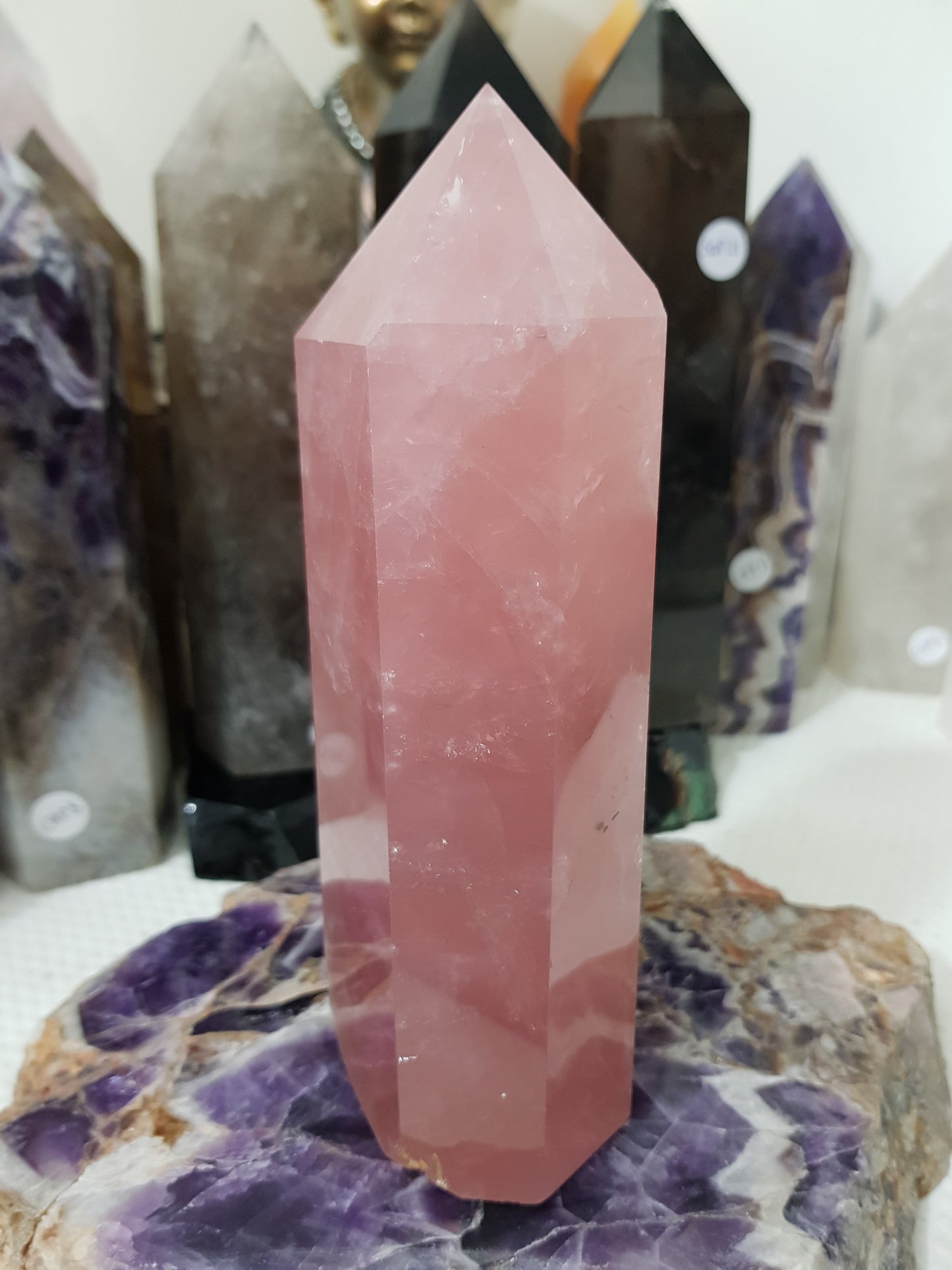 Rose Quartz crystal point tower polished standing specimen from Brazil 16.5cm
