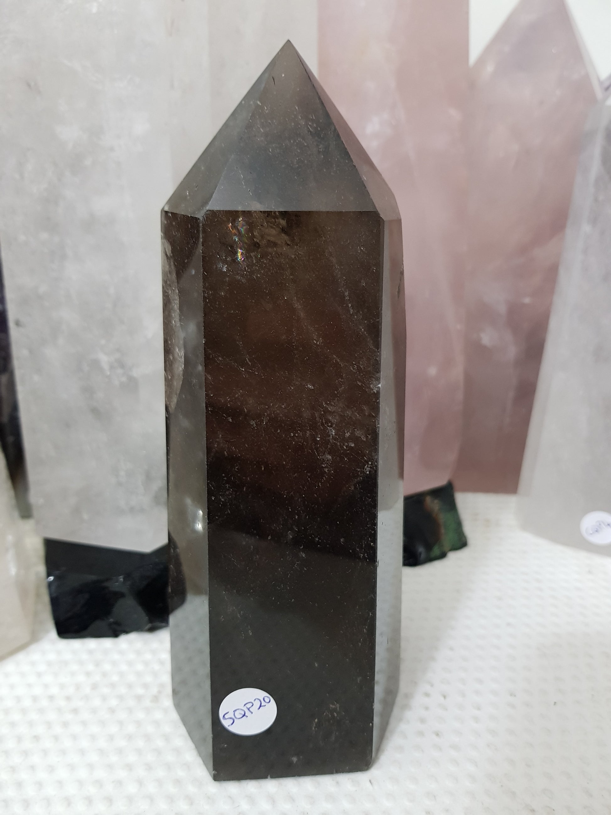 Polished Brazilian Smoky Quartz crystal point tower. Smoky brown standing crystal point 17.5cm