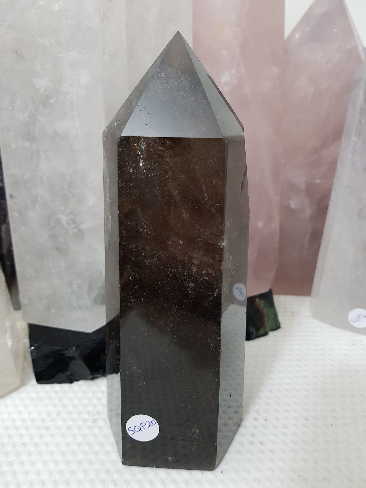 Polished Brazilian Smoky Quartz crystal point tower. Smoky brown standing crystal point 17.5cm