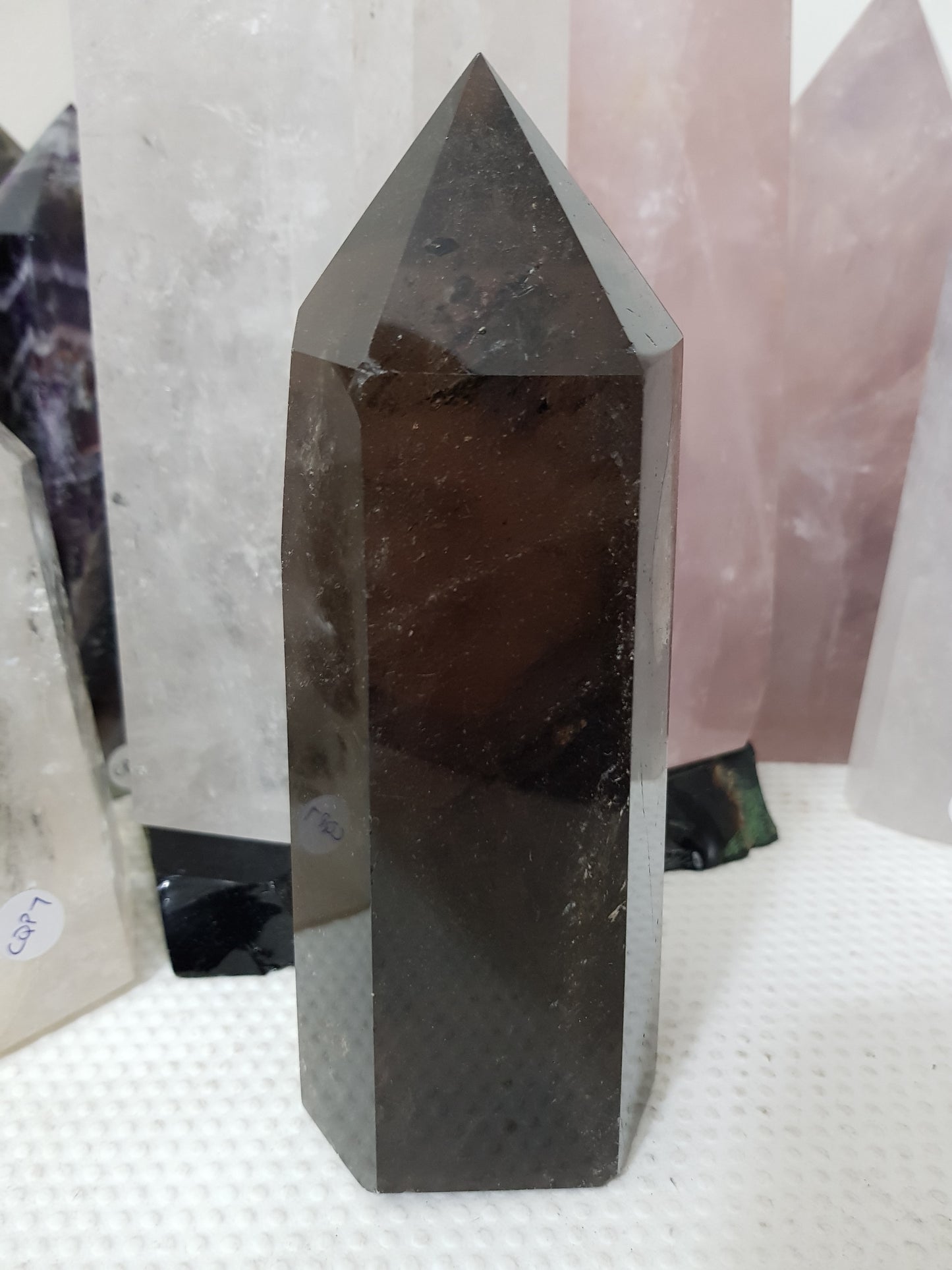 Polished Brazilian Smoky Quartz crystal point tower. Smoky brown standing crystal point 17.5cm