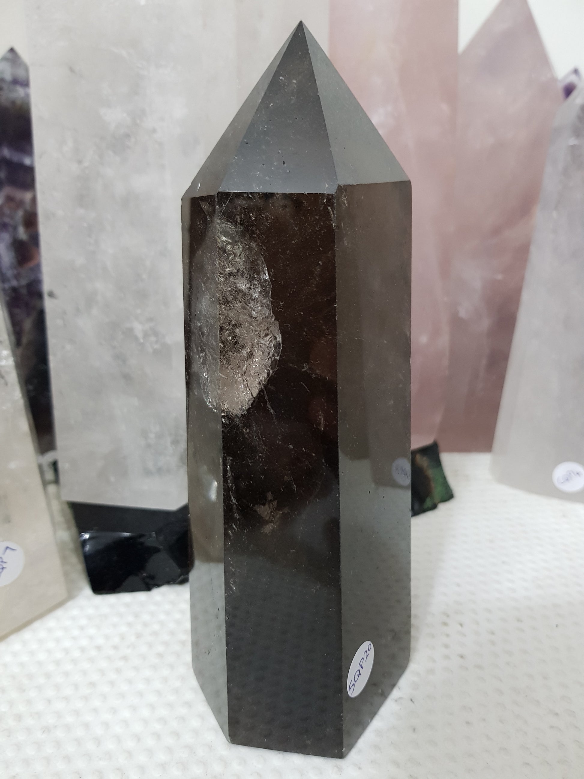 Polished Brazilian Smoky Quartz crystal point tower. Smoky brown standing crystal point 17.5cm