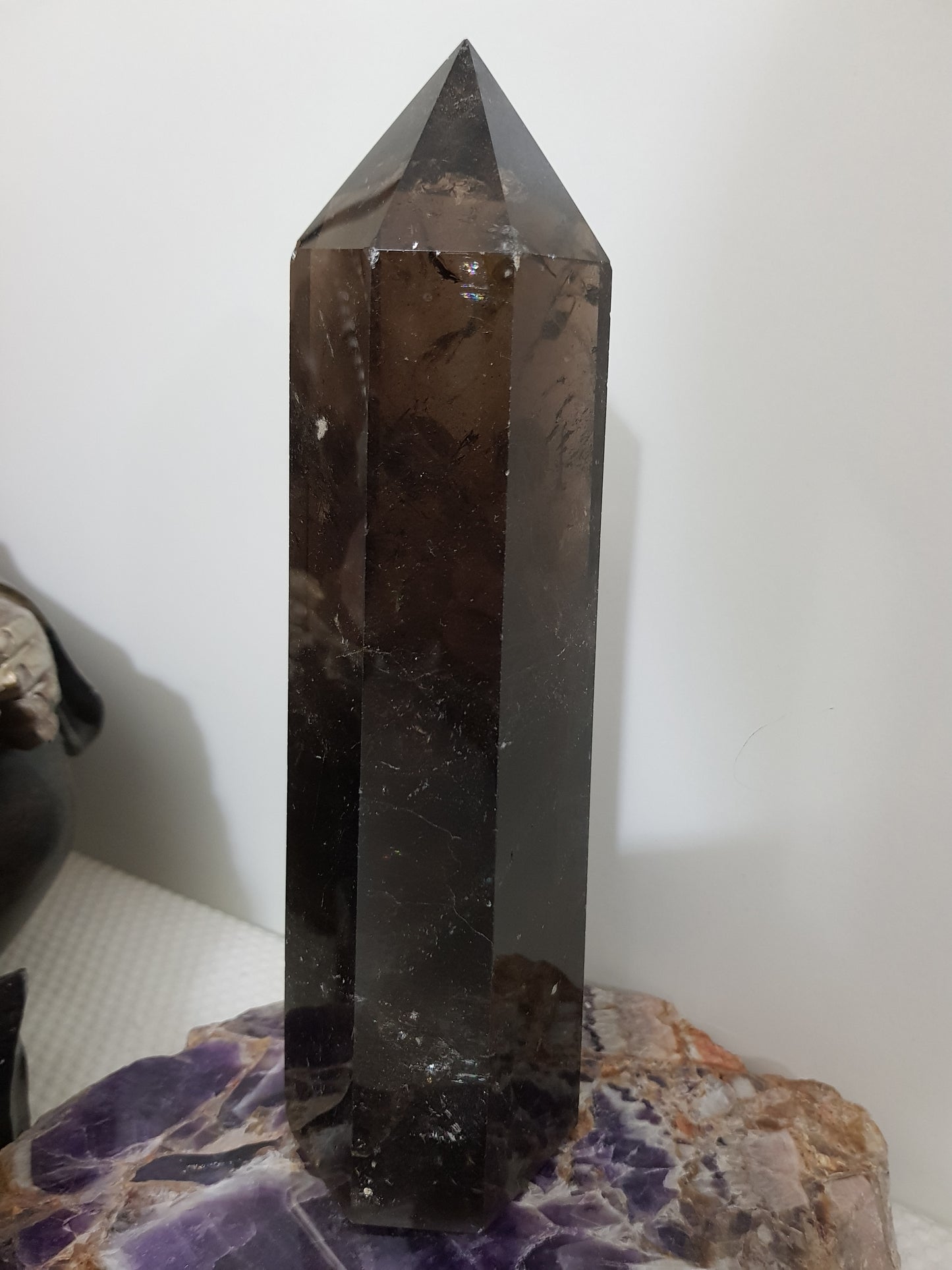 Polished Brazilian Smoky Quartz crystal point tower. Smoky brown standing crystal point 21cm