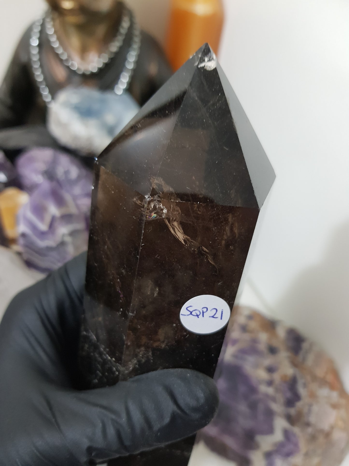 Polished Brazilian Smoky Quartz crystal point tower. Smoky brown standing crystal point 21cm