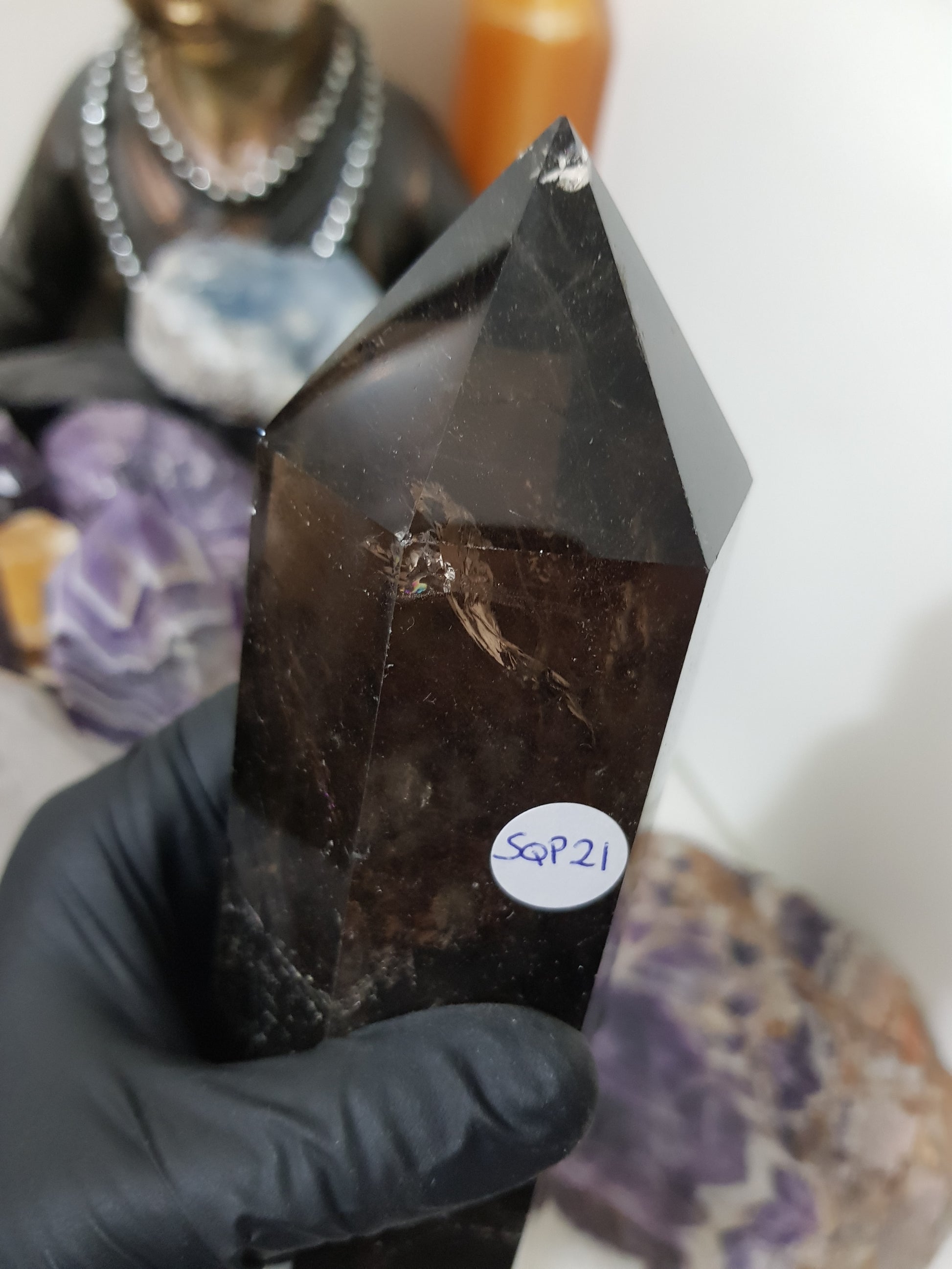 Polished Brazilian Smoky Quartz crystal point tower. Smoky brown standing crystal point 21cm