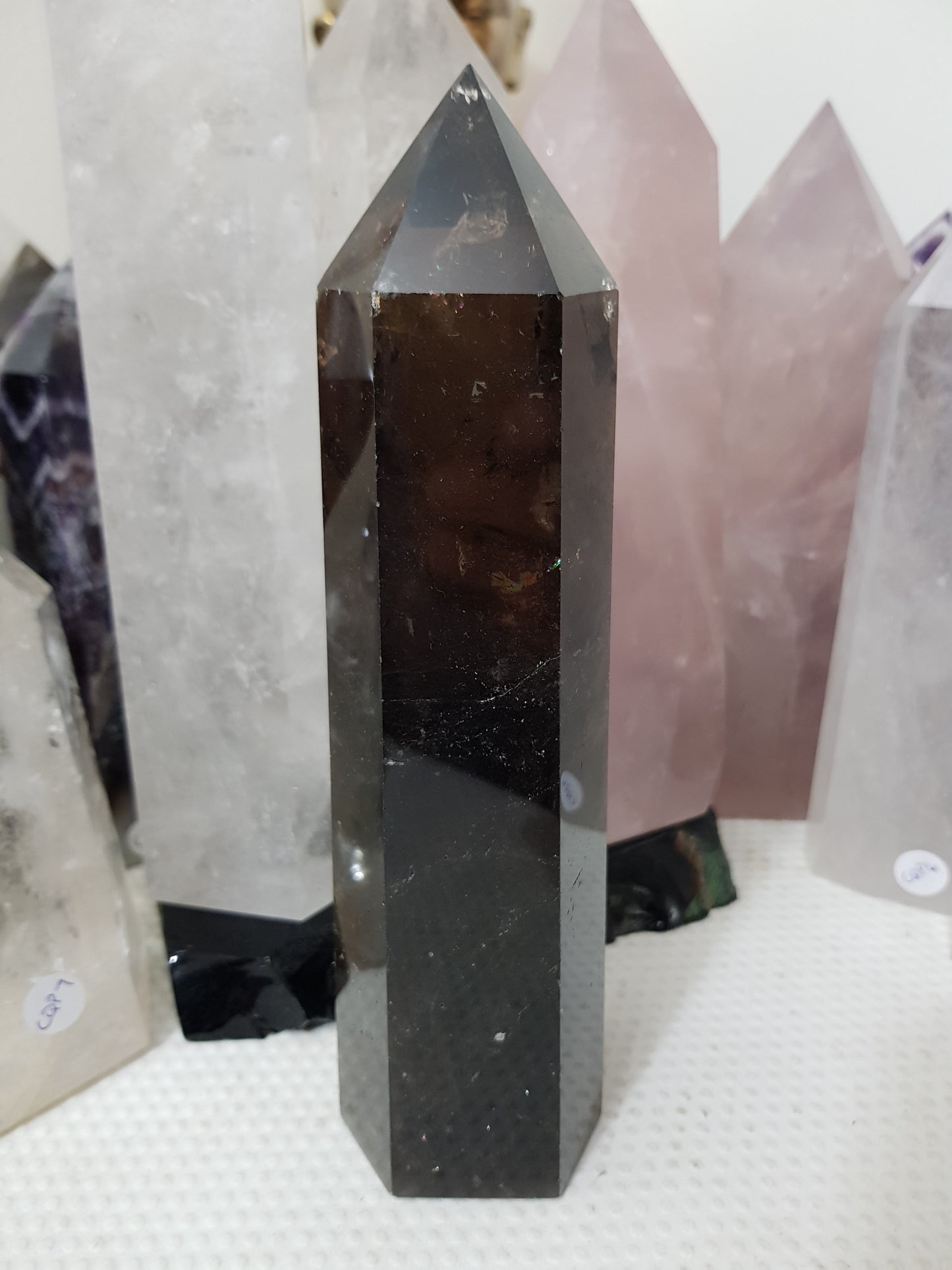 Polished Brazilian Smoky Quartz crystal point tower. Smoky brown standing crystal point 21cm