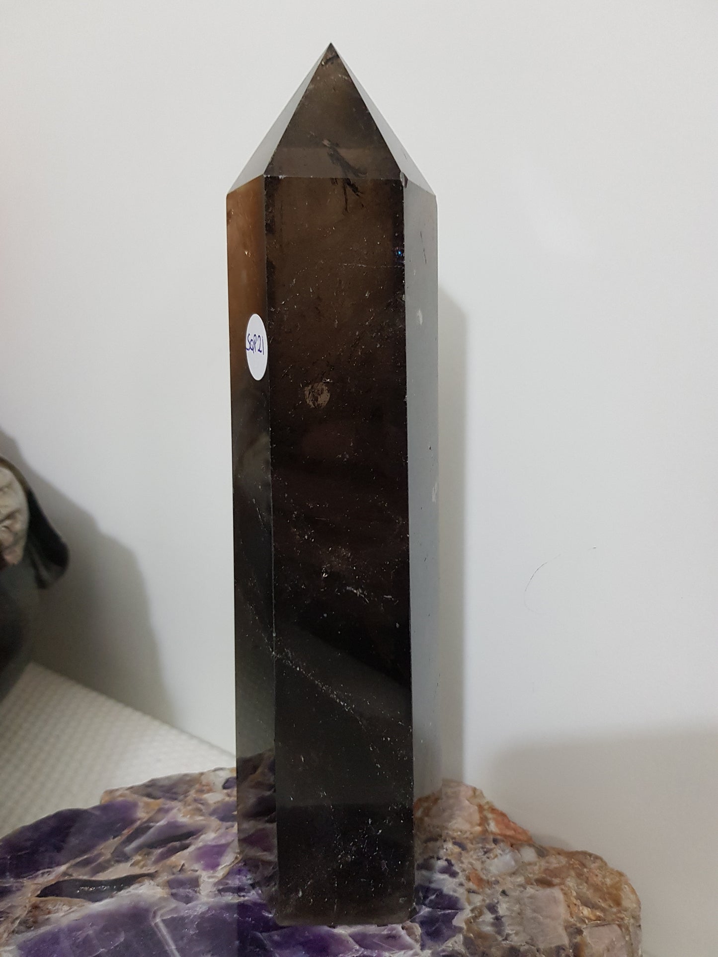 Polished Brazilian Smoky Quartz crystal point tower. Smoky brown standing crystal point 21cm