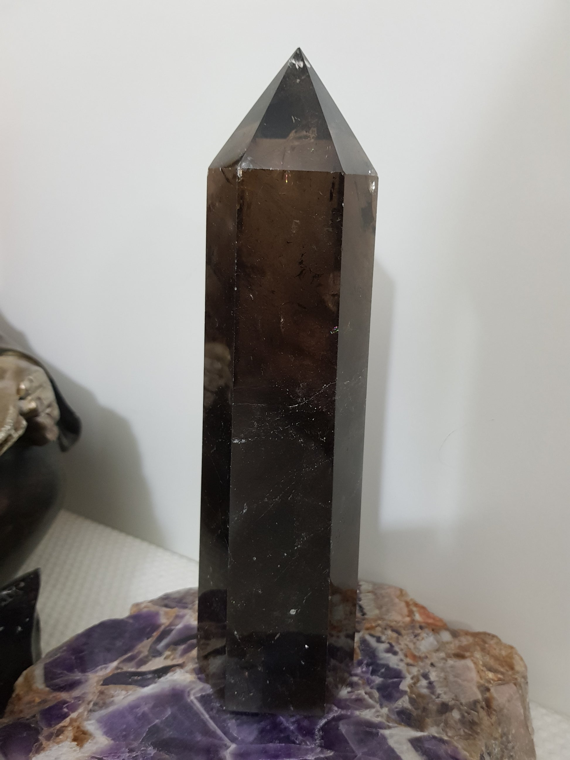 Polished Brazilian Smoky Quartz crystal point tower. Smoky brown standing crystal point 21cm