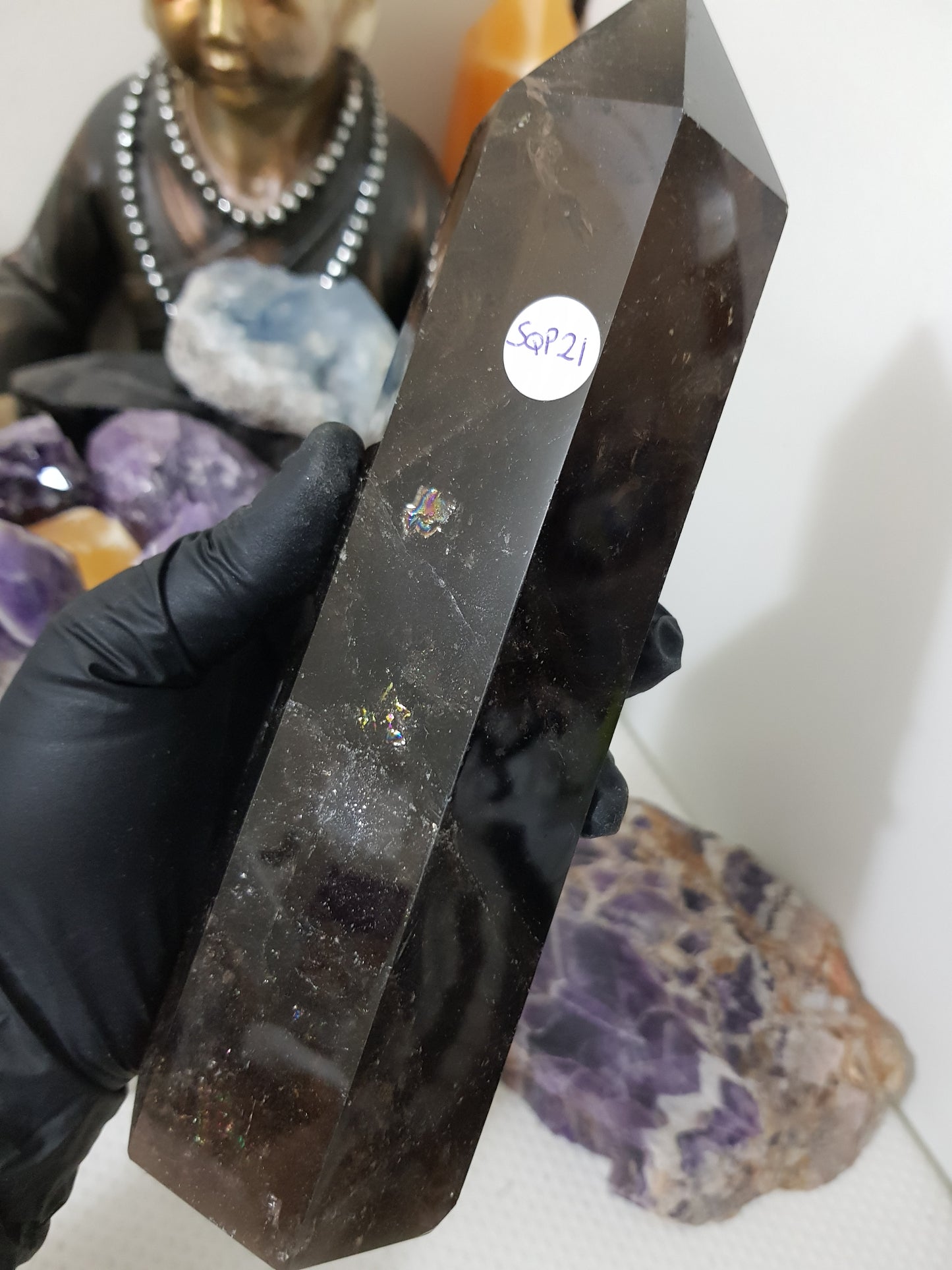 Polished Brazilian Smoky Quartz crystal point tower. Smoky brown standing crystal point 21cm