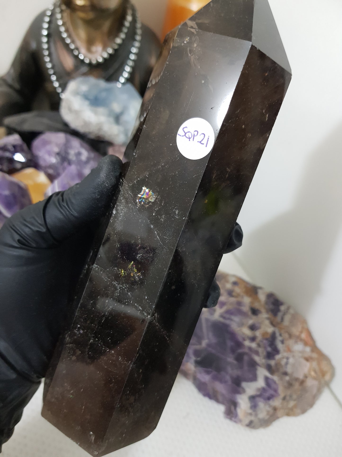 Polished Brazilian Smoky Quartz crystal point tower. Smoky brown standing crystal point 21cm